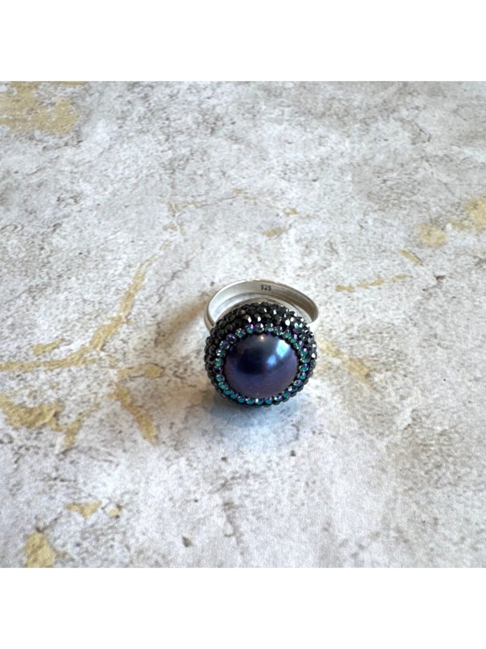 Black Pearl Halo Sterling Silver Ring Size 9 Glam Formal